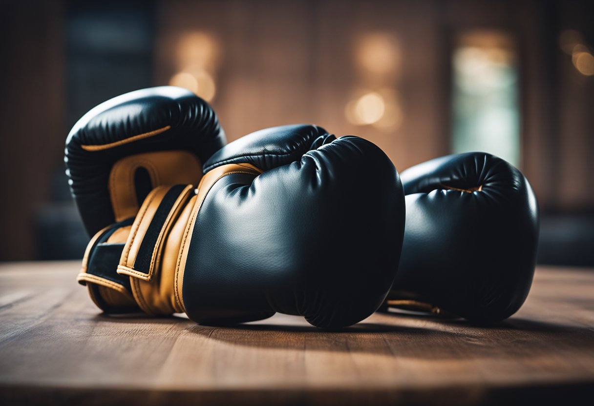 A pair of brand new boxing gloves lying on a table, untouched and pristine, with the laces neatly tied and the leather looking firm and unyielding