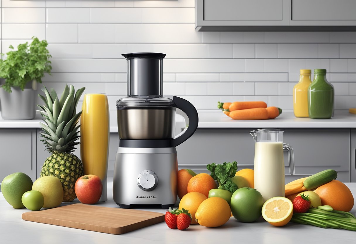 A modern kitchen with a sleek, stainless steel blender sitting on the countertop surrounded by fresh fruits, vegetables, and a jug of milk