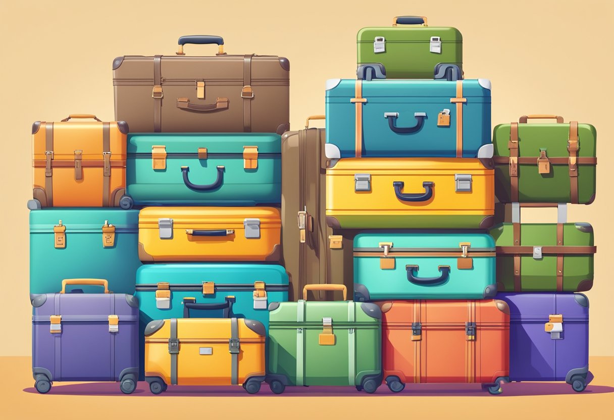 A stack of eco-friendly suitcases with recyclable materials, labeled "Best Eco-Friendly Suitcases 2024." Bright colors and sturdy construction