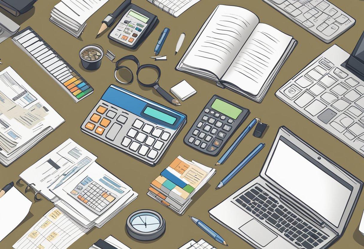 A stack of budgeting books surrounded by various marketing materials and tools, with a calculator and pencil on a desk