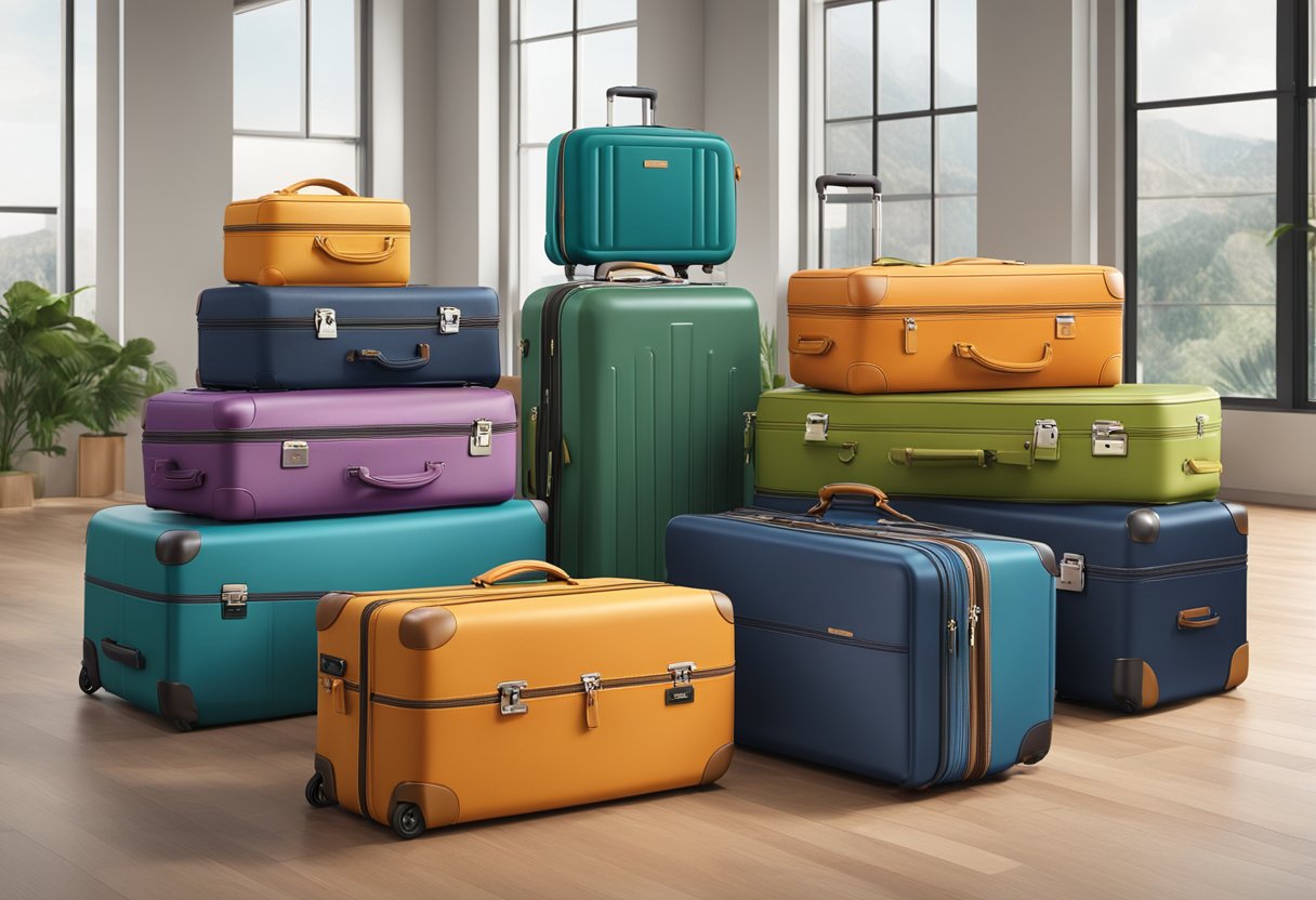 A display of eco-friendly suitcases, showcasing top brands for 2024. Vibrant colors and sustainable materials stand out, with sleek designs and innovative features