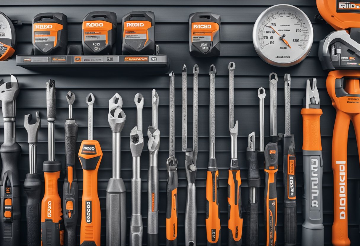 A hardware store display showcasing various Ridgid tools, with clear branding and prices