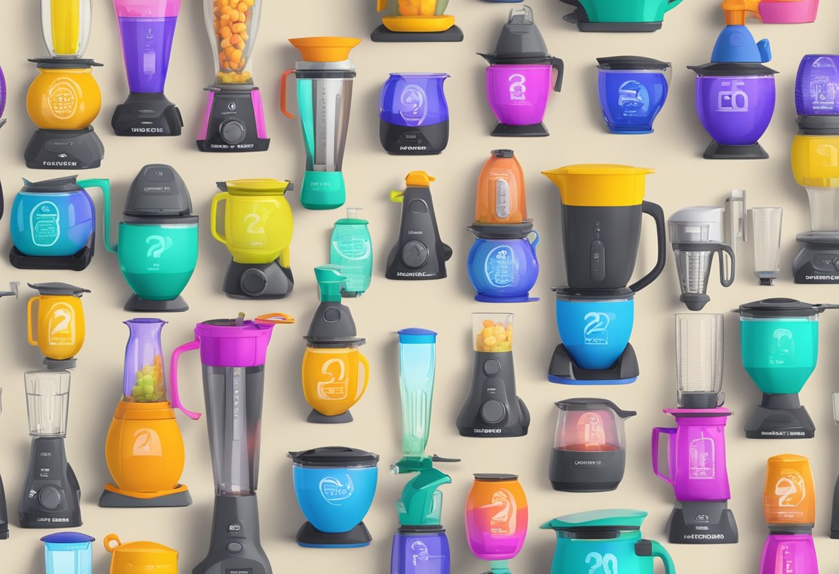 A colorful display of various blender models with "Frequently Asked Questions melhores liquidificador 2023" prominently displayed in bold letters