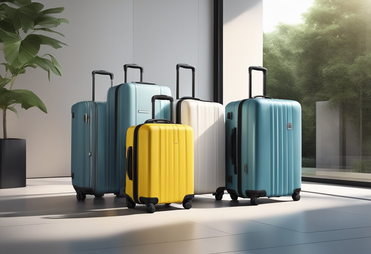 A collection of eco-friendly suitcases displayed in a modern setting with clean lines and minimalist design. Bright lighting highlights the sleek and sustainable materials used in the construction of the suitcases