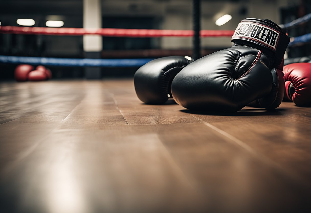 A variety of boxing gloves lay scattered on the gym floor, some with worn leather and others still stiff and new