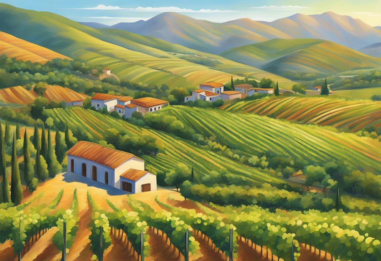 Vibrant vineyards sprawl across rolling hills, basking in the warm glow of the Chilean sun. Grapes of various hues dangle from lush vines, promising the creation of delicious and affordable Chilean wines