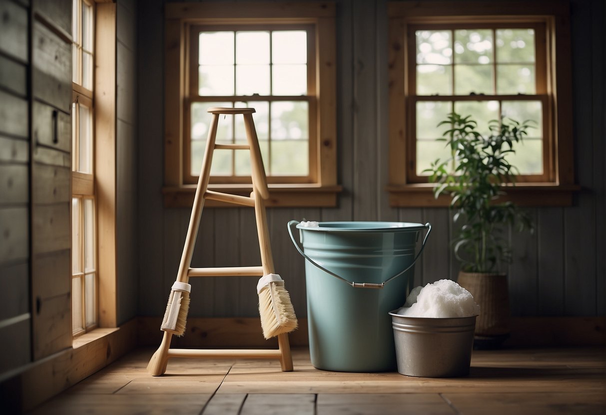 A bucket of soapy water, a soft-bristled brush, and a ladder against the shiplap walls. A person scrubbing the surface with gentle, circular motions