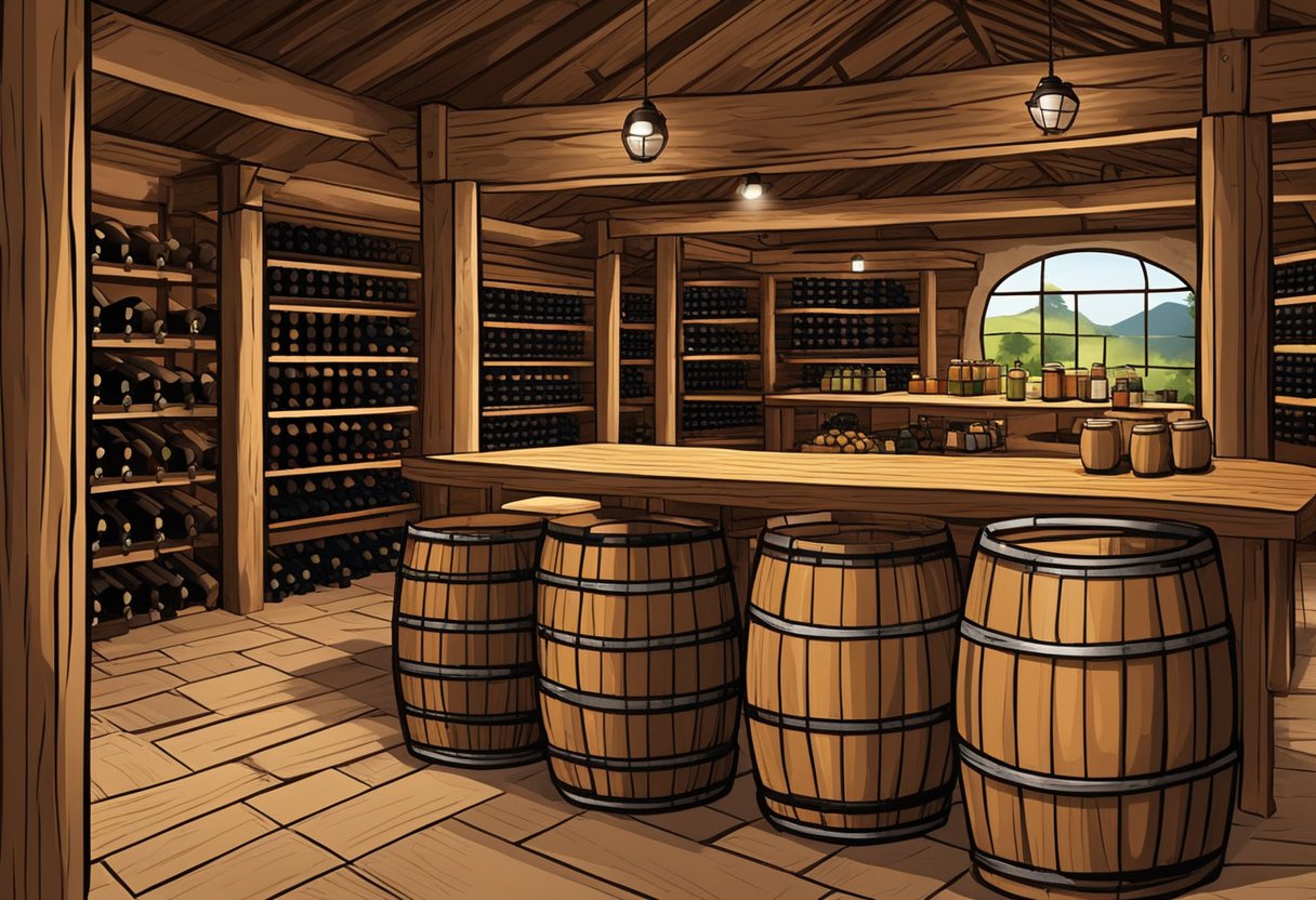 A rustic wine cellar with rows of Chilean wine bottles, wooden barrels, and a cozy tasting area