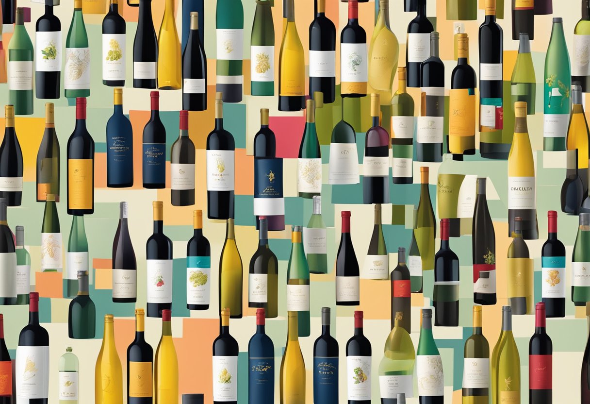 A display of affordable, high-quality Chilean wines. Vibrant labels, neatly arranged bottles, and a backdrop of lush vineyards