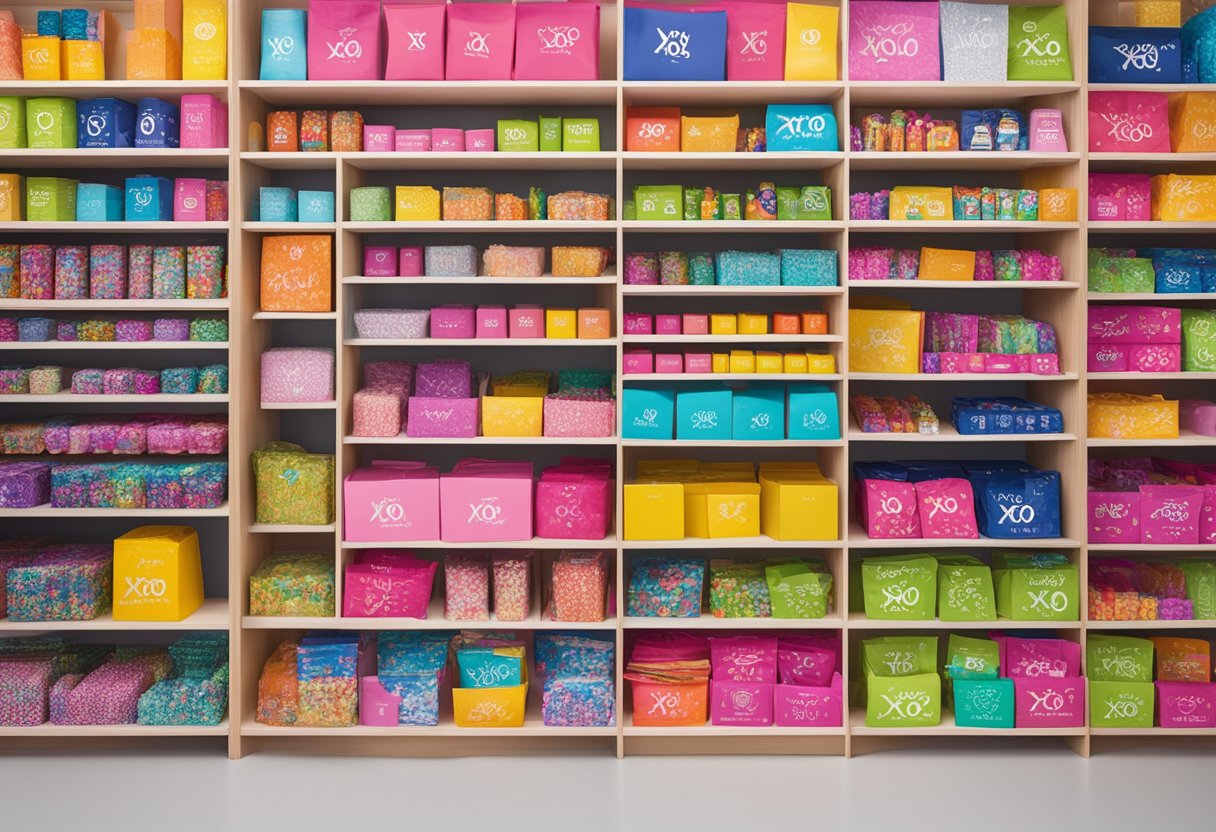 A colorful display of XOXO brand products arranged on shelves with a prominent sign asking "Who Sells XOXO Brand?" visible above the merchandise