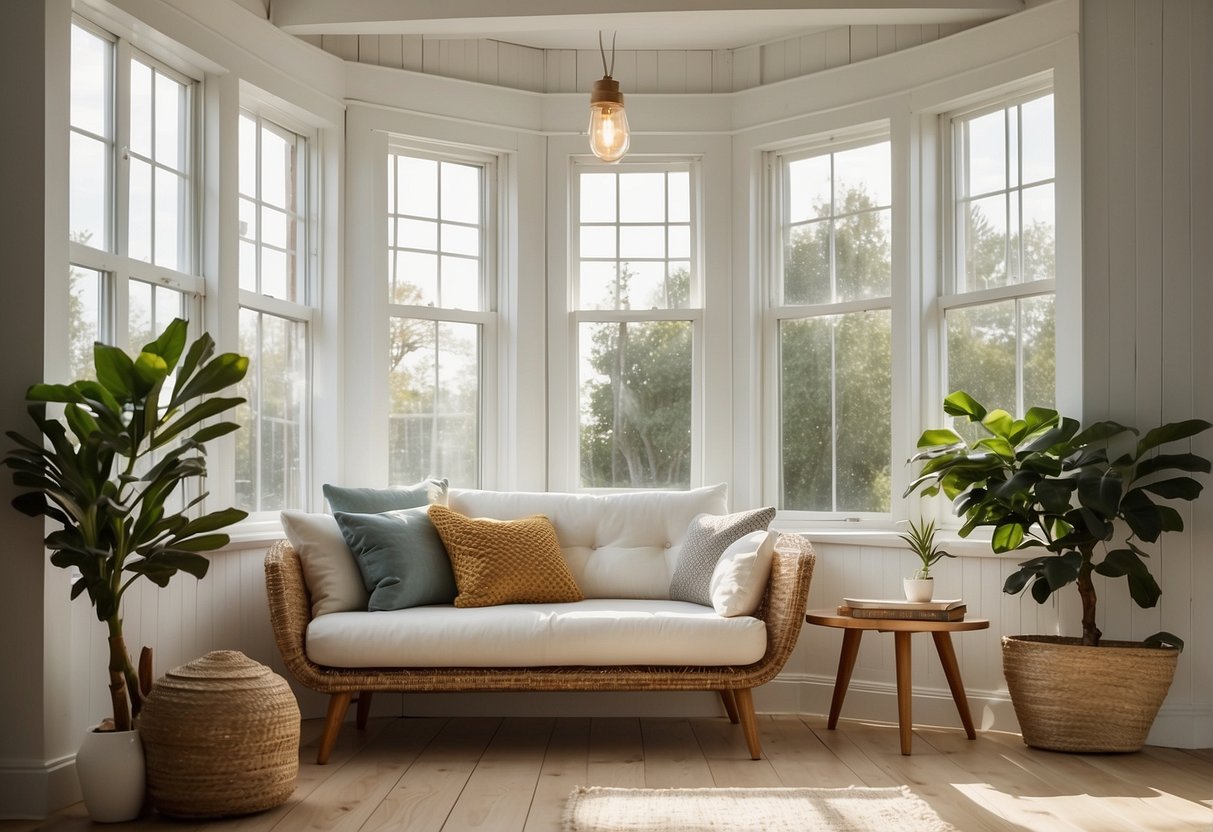 A bright, airy room with white shiplap walls. Sunlight streams in through large windows, casting soft shadows on the textured surface. A few well-placed decorations add warmth and character to the space