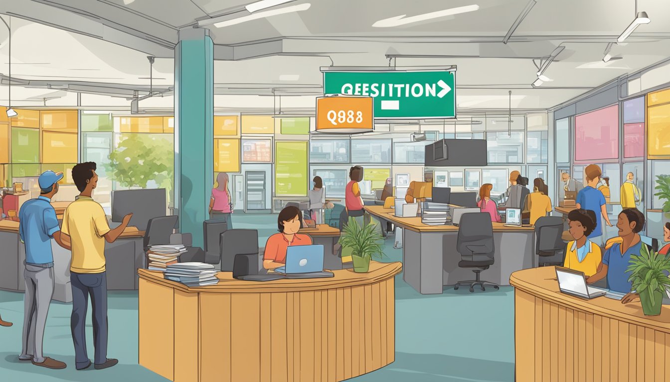 A large, bold "Frequently Asked Questions 3838 Significado" sign hanging above a busy information desk