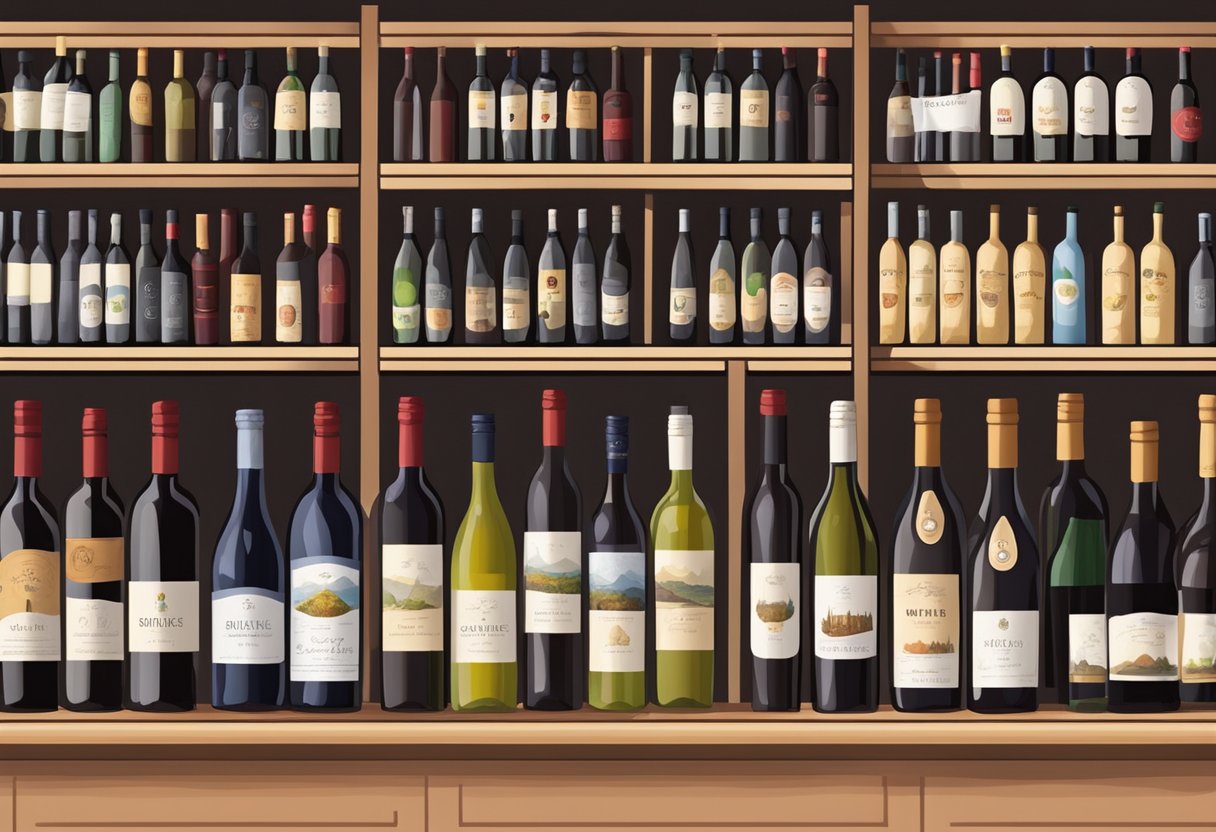 A shelf lined with various bottles of Chilean wines, with price tags displayed, in a cozy and well-lit wine shop