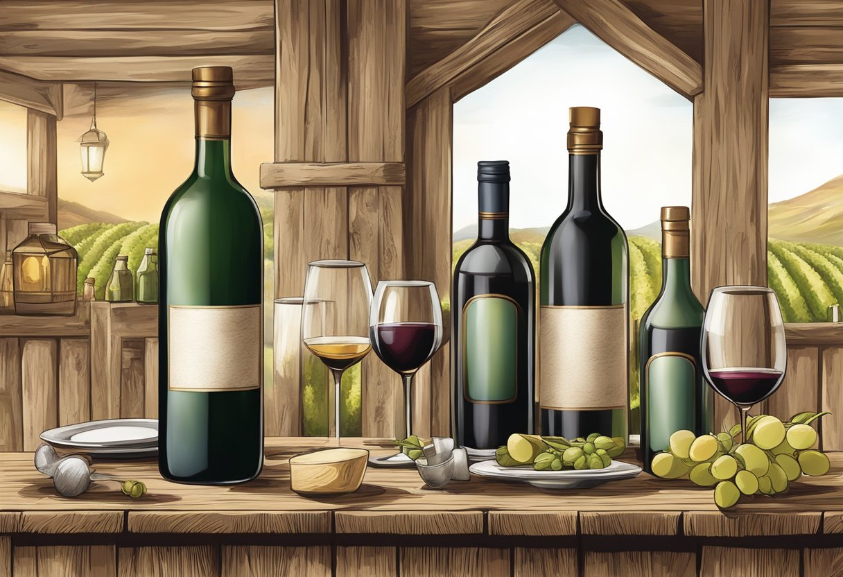 A table set with various bottles of Chilean wine, surrounded by empty glasses and a rustic backdrop
