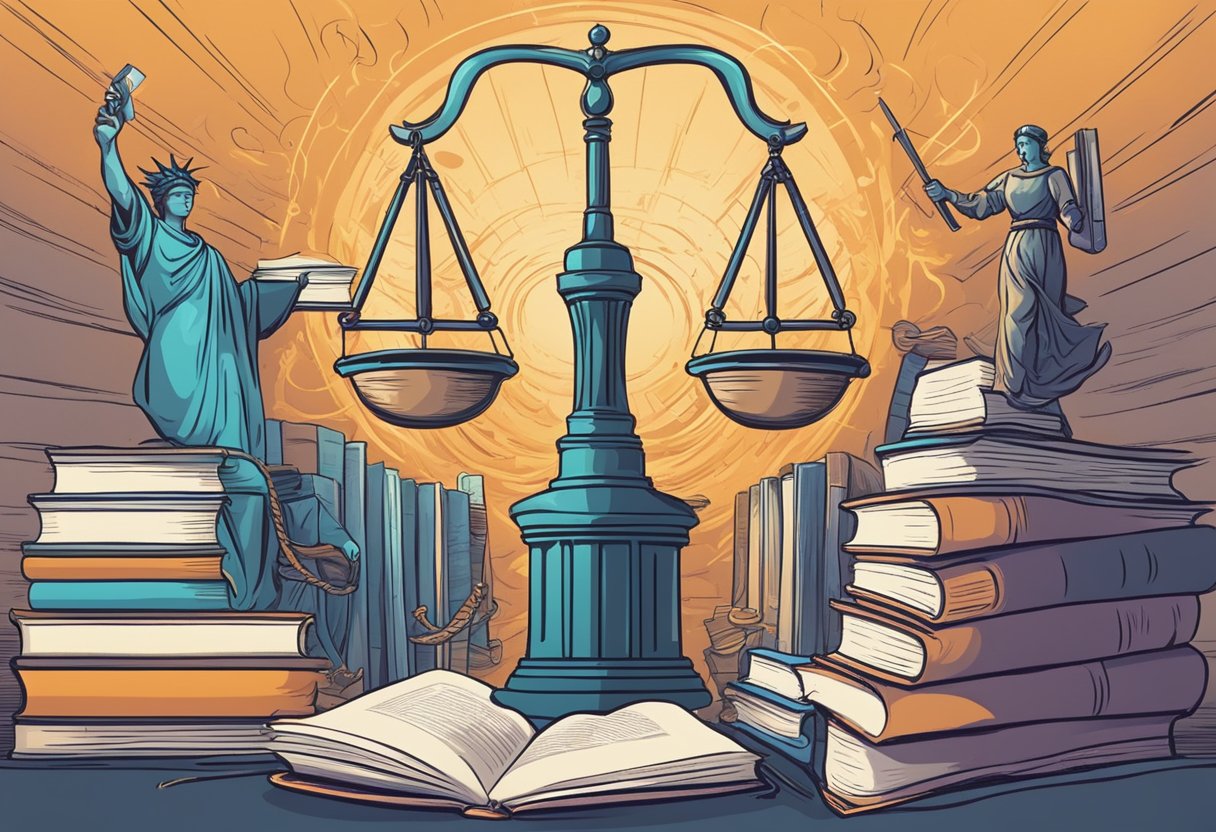 AI debates swirl around books, scales of justice, and conflicting opinions. Ethical dilemmas spark fiery discussions in the author industry