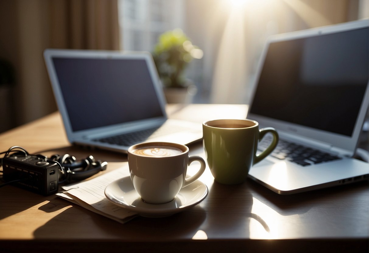 A cluttered desk with a laptop, microphone, and headphones. A stack of papers and a cup of coffee. Sunlight streaming through the window