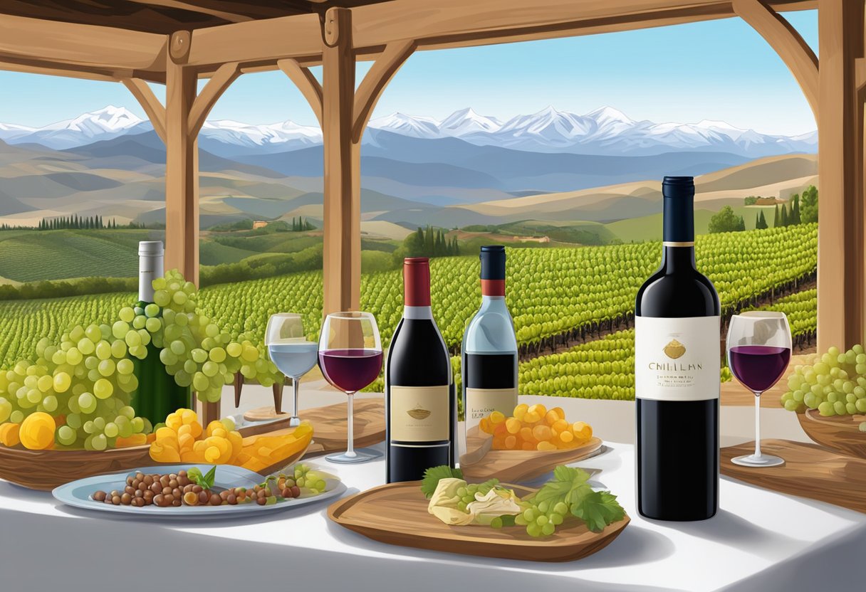 A table with various bottles of Chilean wine, surrounded by vineyards and mountains in the background