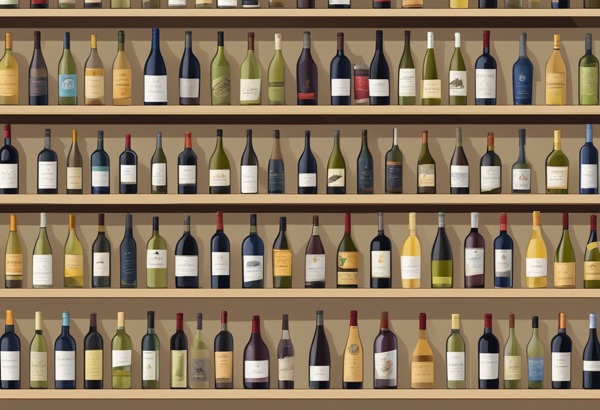 A shelf filled with affordable Chilean wines, labeled "Frequently Asked Questions vinhos bons e baratos chilenos."