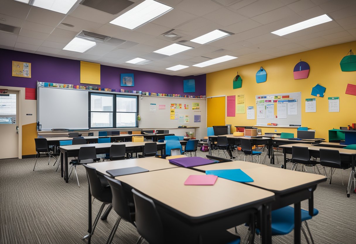 A classroom filled with colorful educational materials, interactive technology, and diverse seating arrangements. A whiteboard displays "Innovative Teaching Methodologies: 10 Lesson Plans for the Beginning of the School Year."