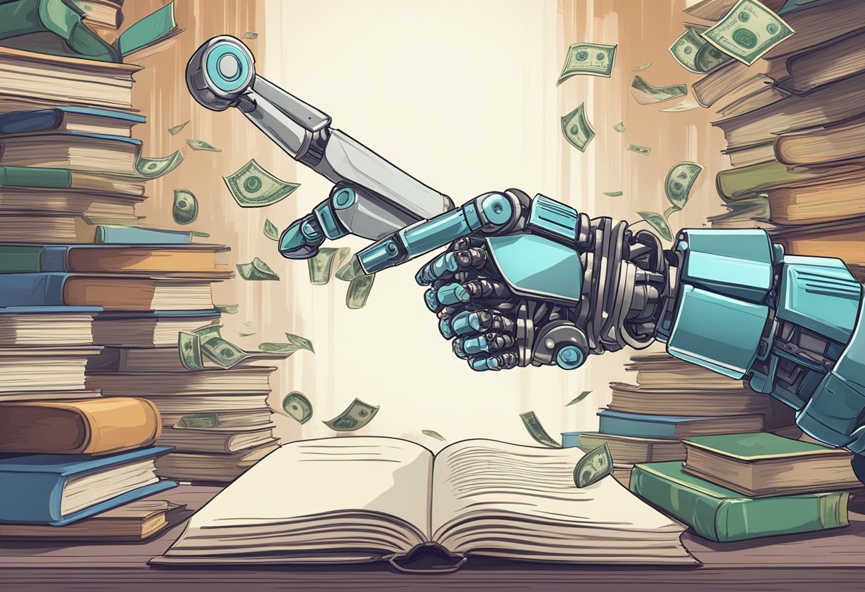 AI disrupting traditional author industry: robot arm replaces human hand in writing, while money and books clash in background