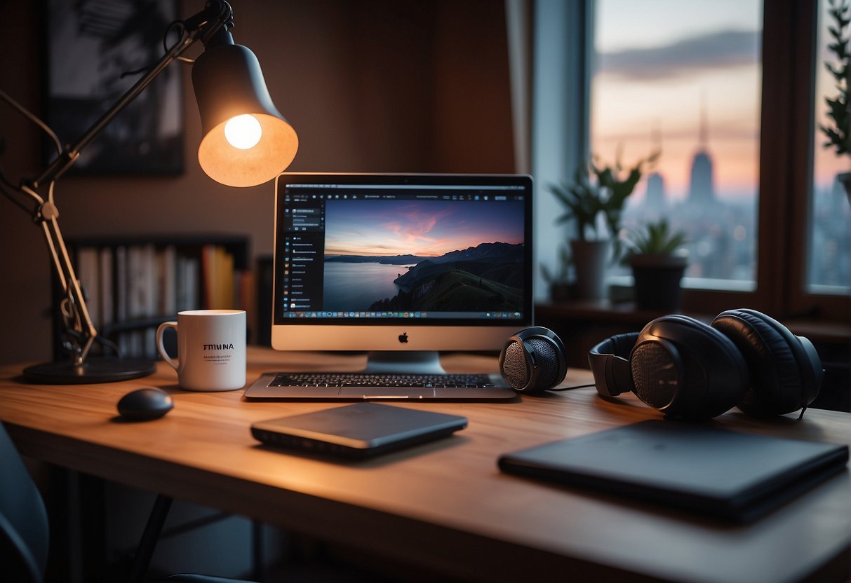 A cozy home office with a laptop, microphone, and soundproofing panels. A cup of coffee sits on the desk next to a notebook filled with podcast editing tips