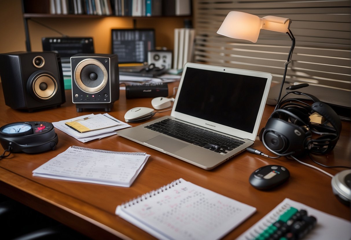 A cluttered desk with a laptop, microphone, and soundproofing panels. A baby monitor sits nearby, and a calendar is filled with color-coded deadlines