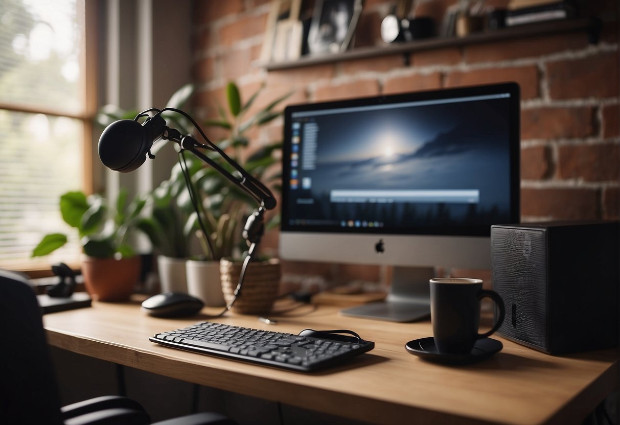 A cozy home office with a computer, microphone, and editing software set up on a desk. A warm cup of coffee sits nearby as natural light streams in through the window