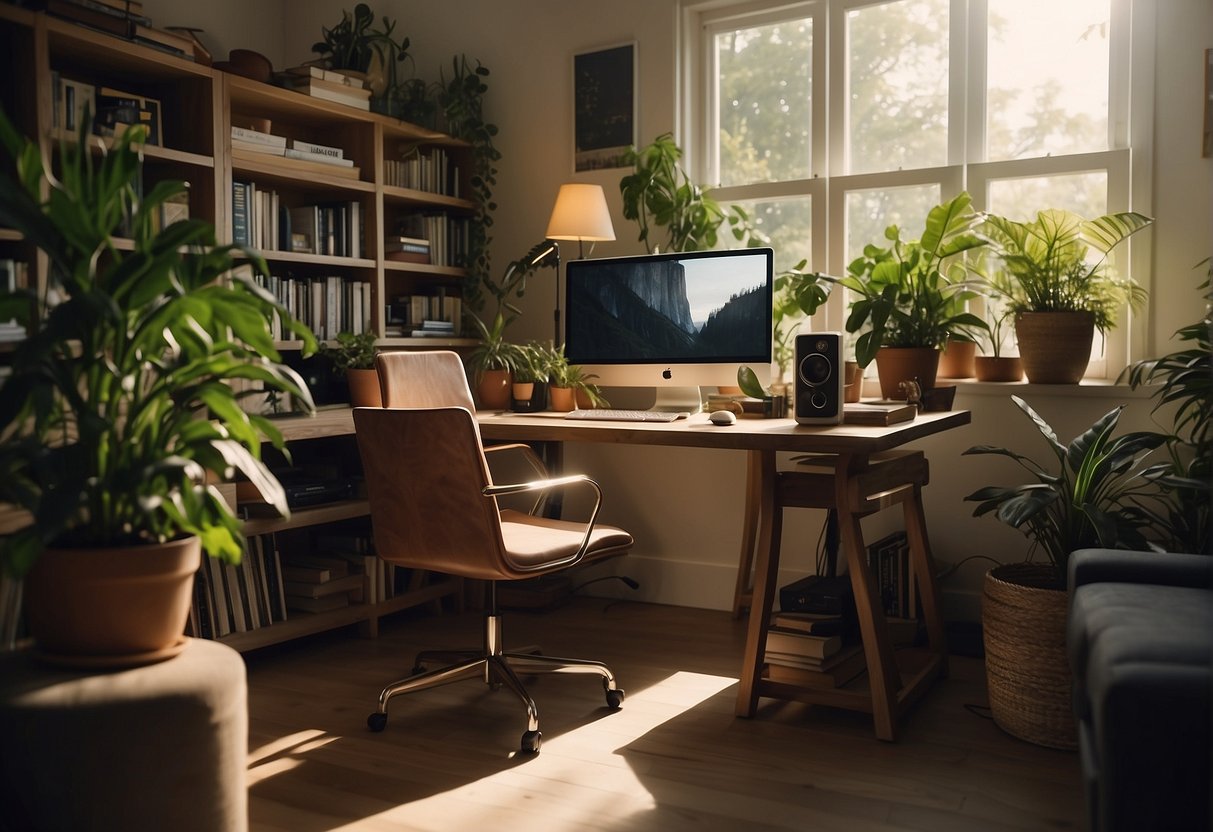 A cozy home office with a desk, computer, and microphone surrounded by books and plants. A warm, inviting atmosphere with natural light streaming in