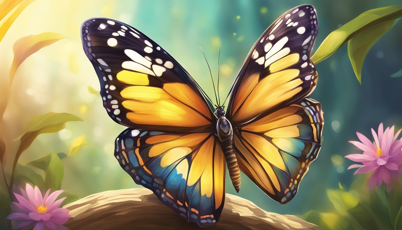 A colorful butterfly emerges from a cocoon, symbolizing transformation and new beginnings.</p><p>The sun shines brightly, casting a warm glow on the scene