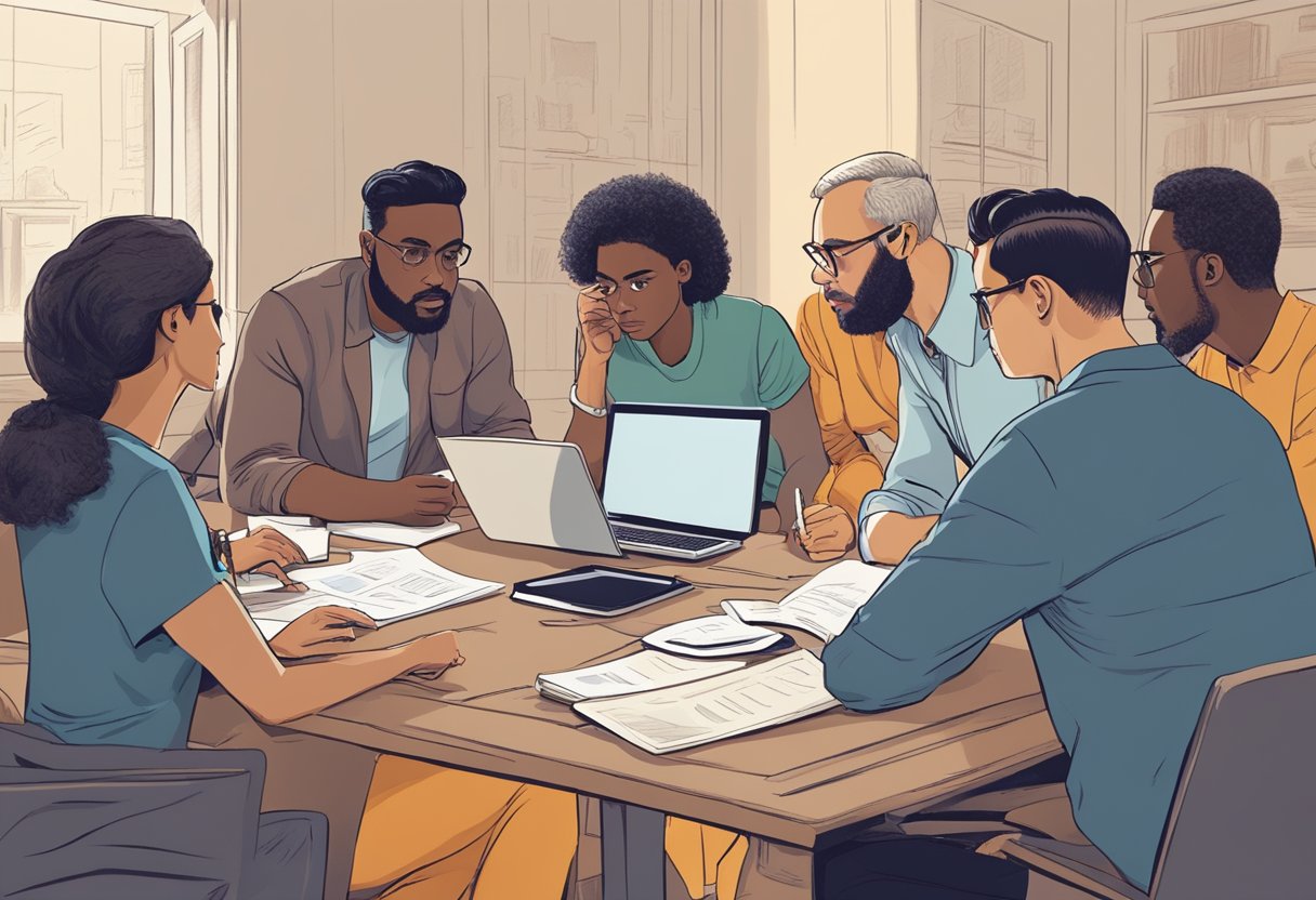 A diverse group of people are gathered around a table, engaged in intense discussion. Some are pointing at a computer screen, while others are taking notes. The atmosphere is tense, with a mix of curiosity and skepticism evident on their faces