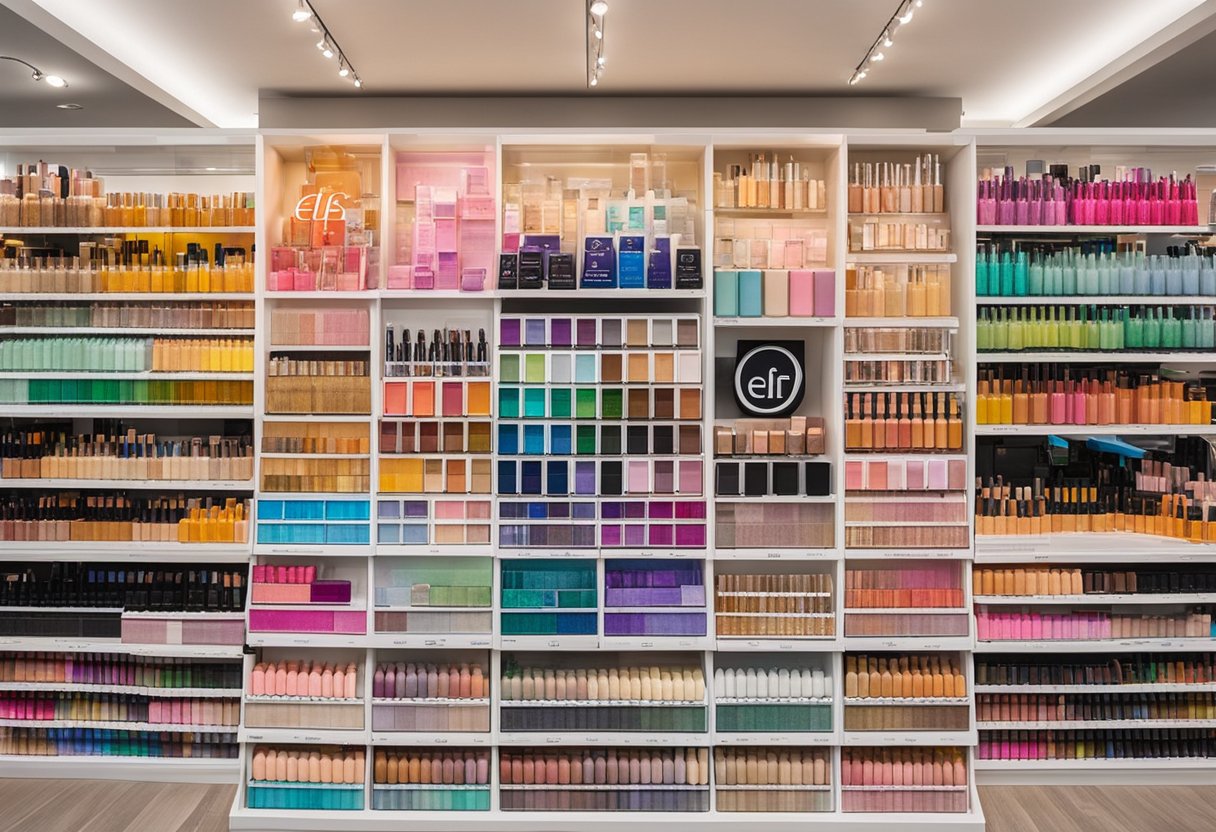 A colorful display of Elf cosmetics arranged on shelves in a well-lit store, with the brand's logo prominently featured