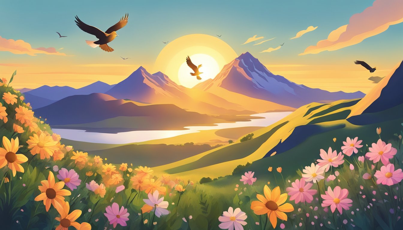 A glowing sun rises over a mountain, casting long shadows.</p><p>Three birds fly in formation, while 11 flowers bloom in a perfect circle
