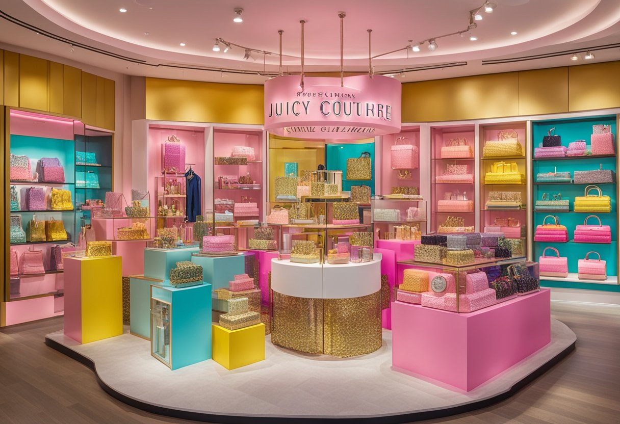 A colorful display of Juicy Couture products in a trendy boutique window, with bold signage and vibrant packaging catching the attention of passing shoppers