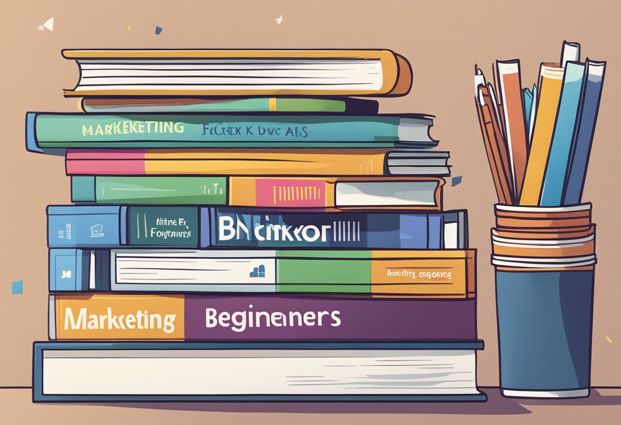 A stack of books with "Marketing for Beginners" on the cover, surrounded by promotional materials like flyers, posters, and social media ads