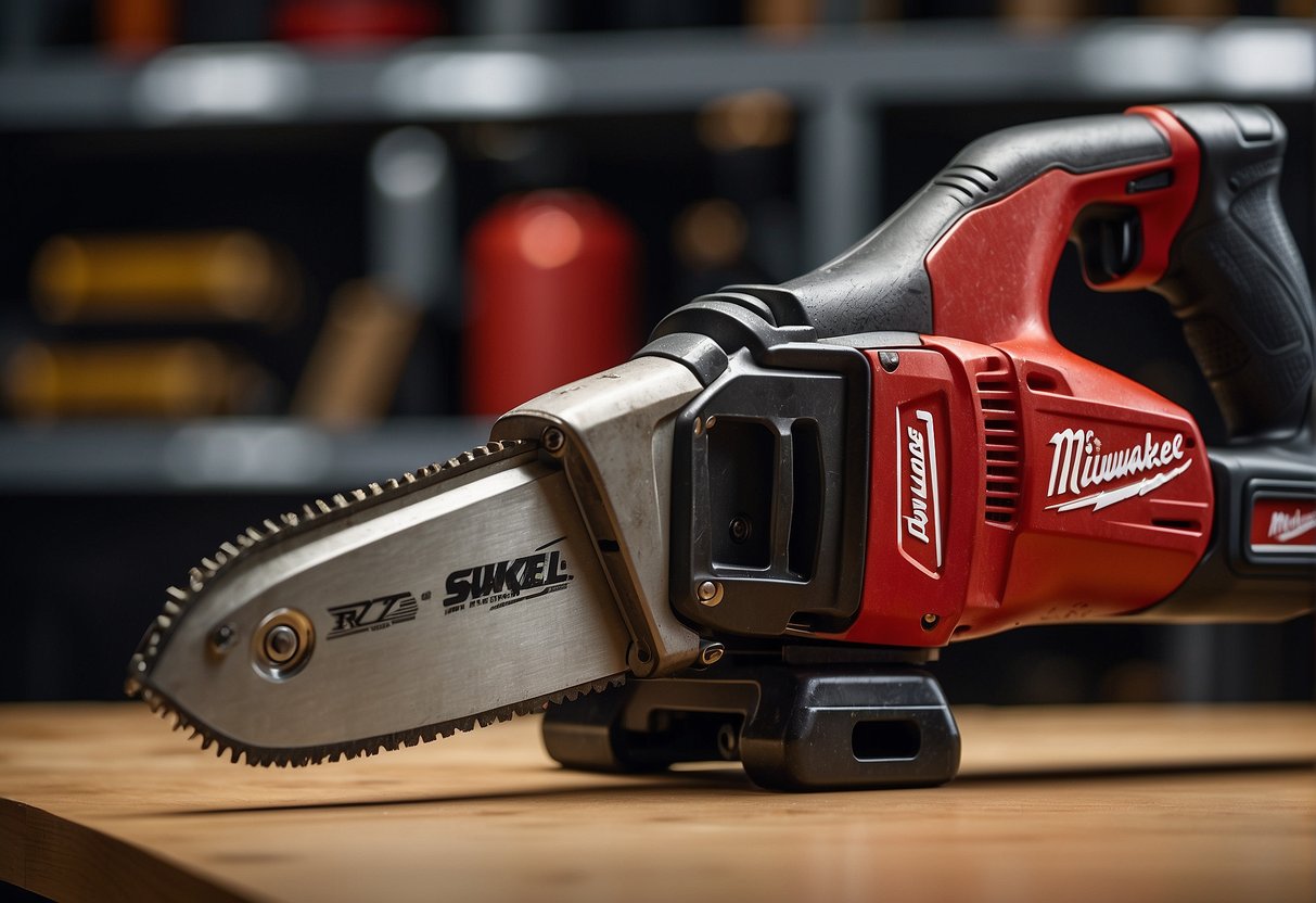 The Milwaukee Sawzall sits motionless, its blade still, the motor silent