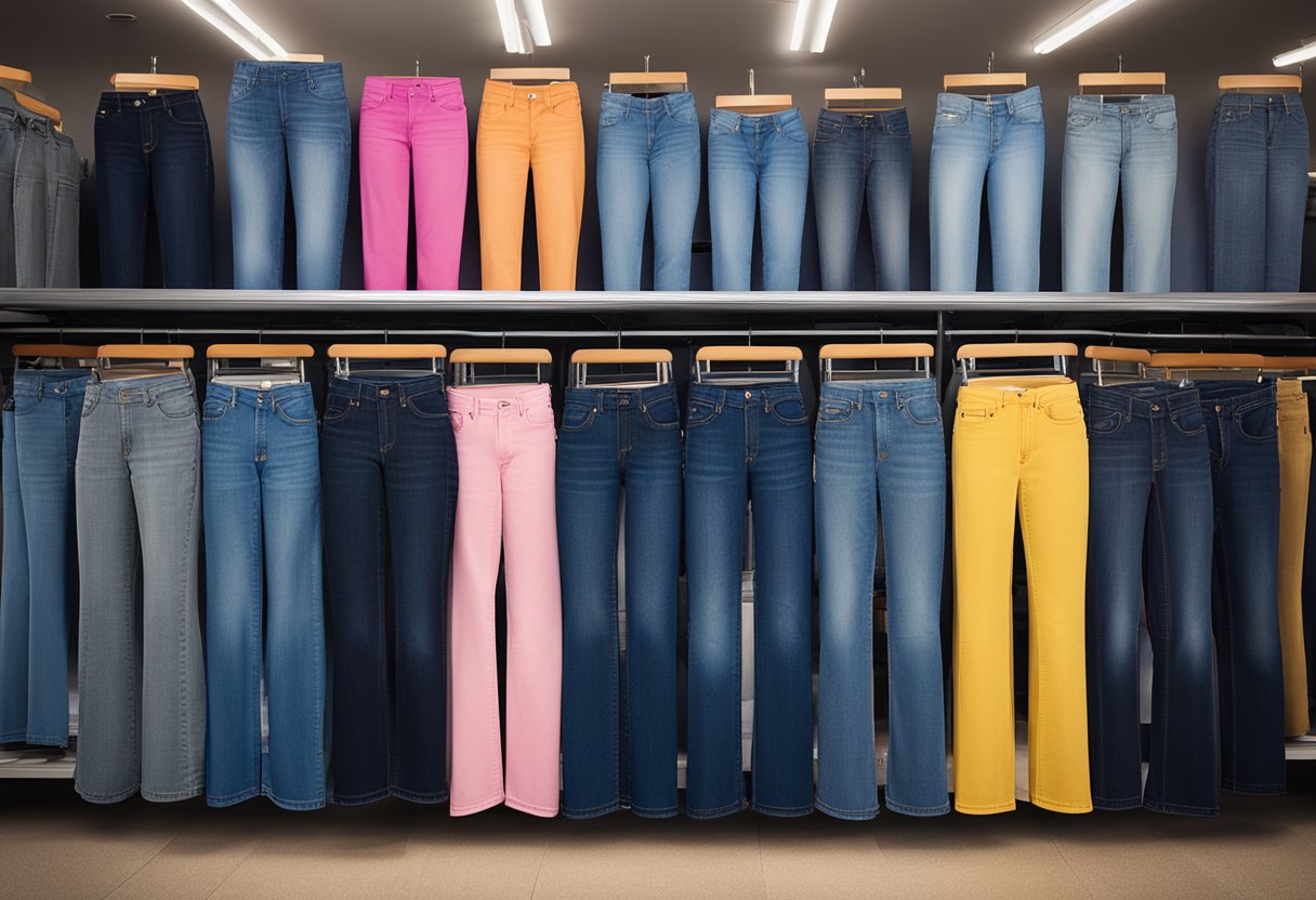 A colorful display of Just My Size jeans on a rack in a clothing store. Bright lights highlight the various styles and sizes available