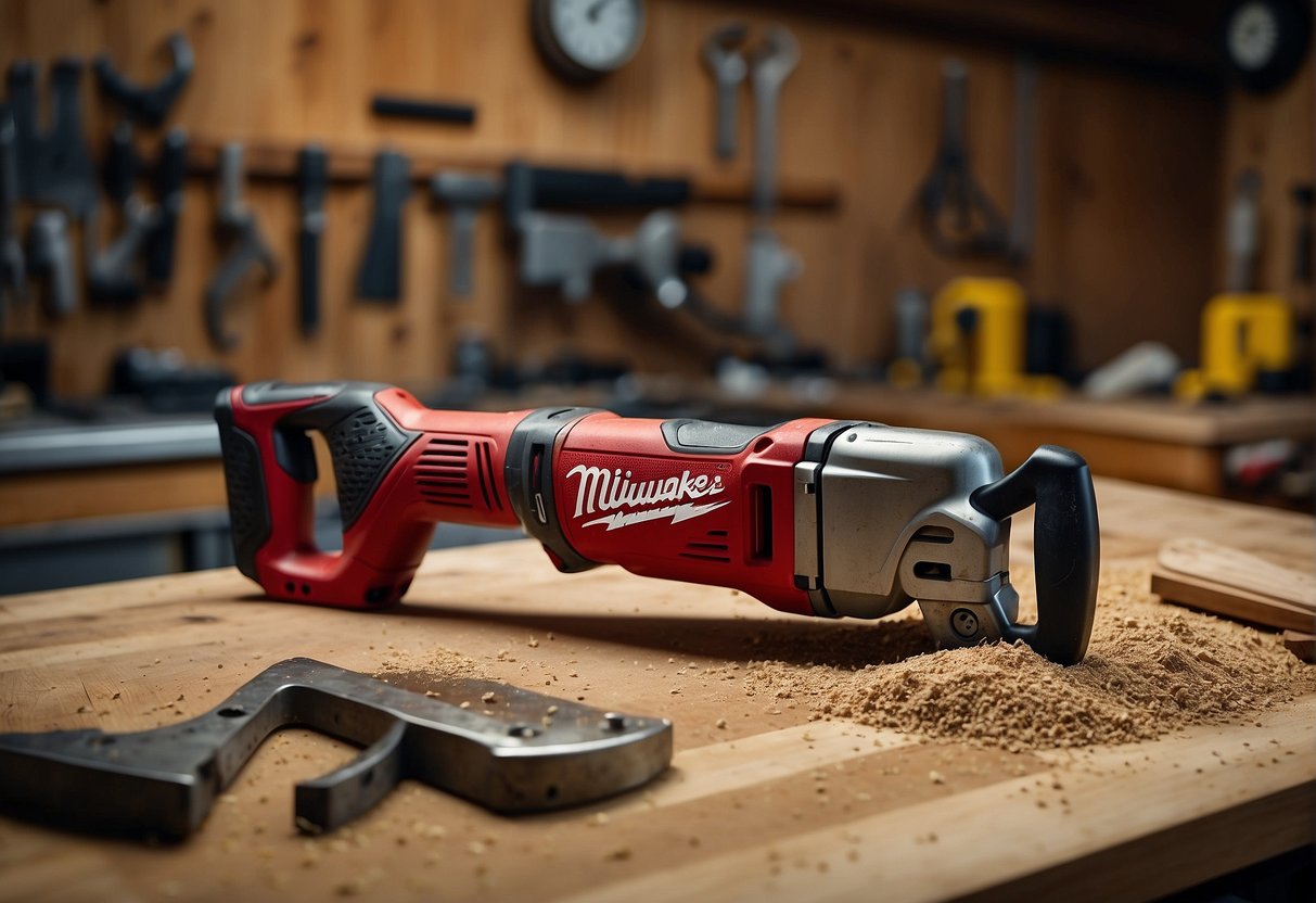 A Milwaukee Sawzall sits on a workbench, surrounded by various tools and sawdust. Its blade is still, and the machine appears to be malfunctioning