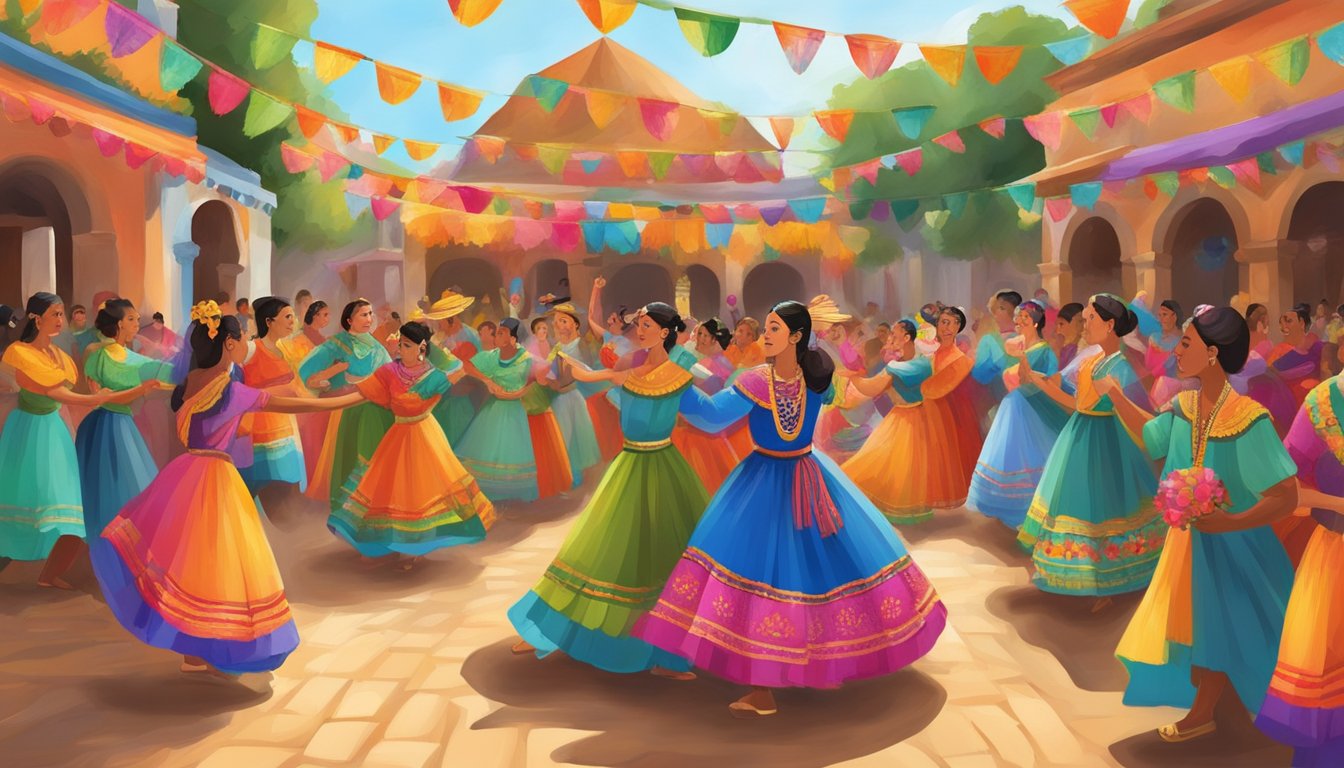 A vibrant fiesta with traditional dances, colorful costumes, and lively music.</p><p>Brightly decorated altars and intricate folk art on display