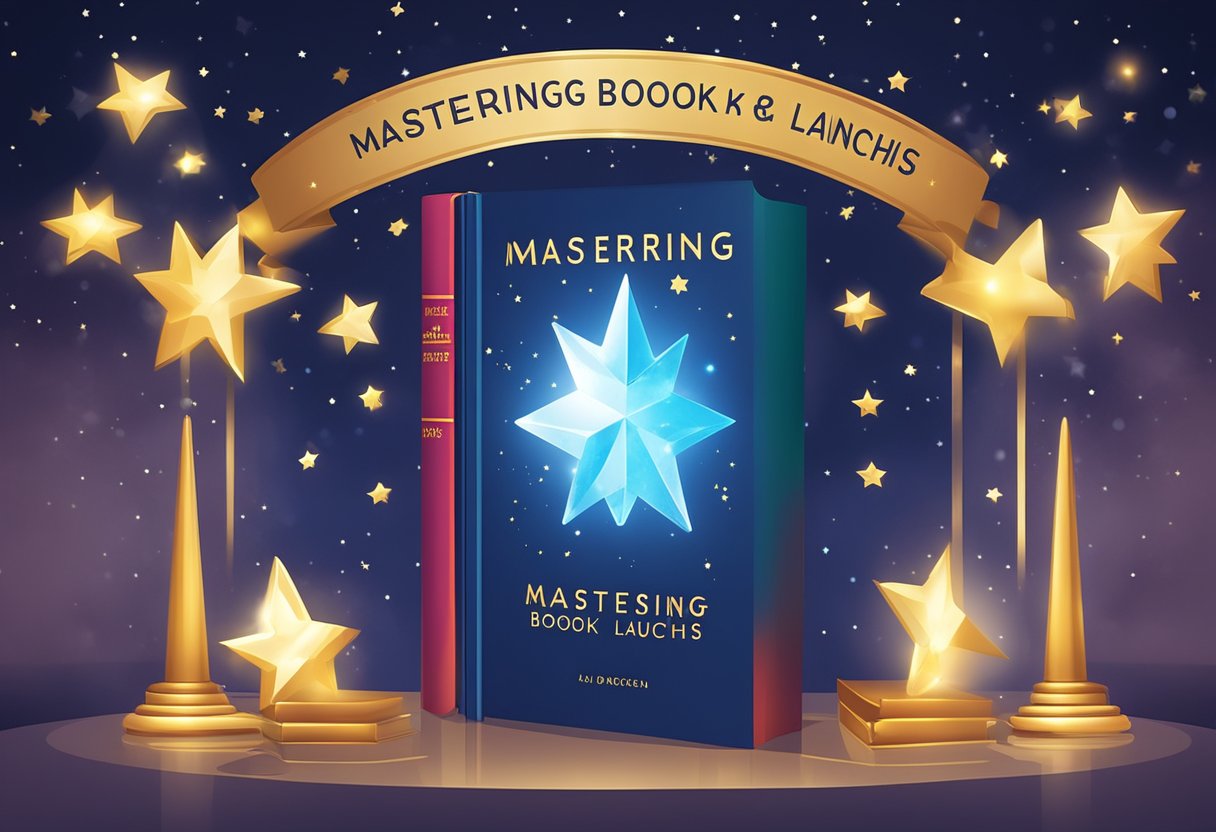 A book cover with "Mastering Book Launches" title, surrounded by glowing stars and a burst of light, symbolizing success and achievement