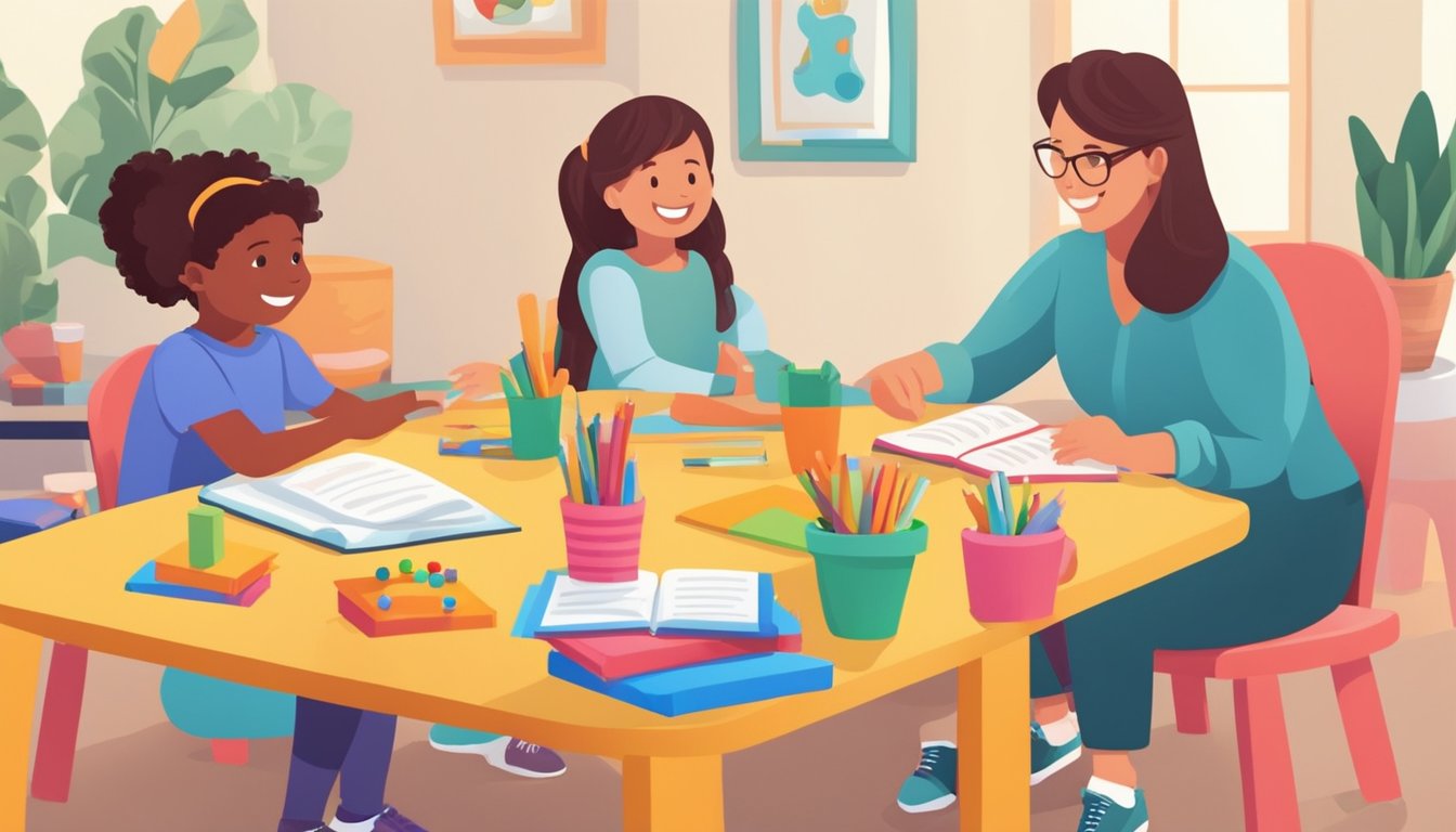 Preschool interview questions on a colorful table with toys and books, a friendly adult and child sitting across from each other, smiling and engaging in conversation