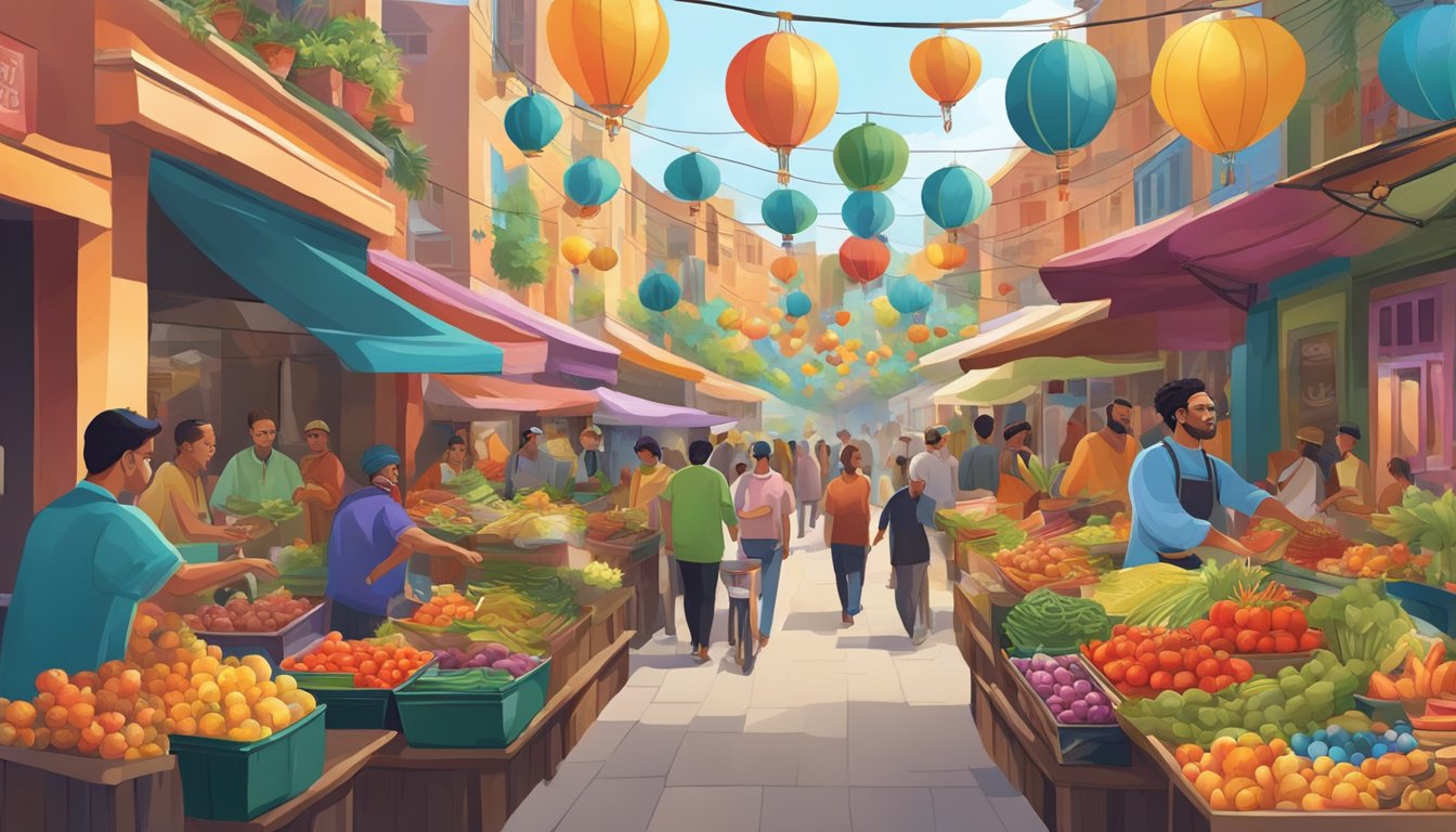 A vibrant street market with colorful murals and lively music, representing the rich cultural significance of popular culture
