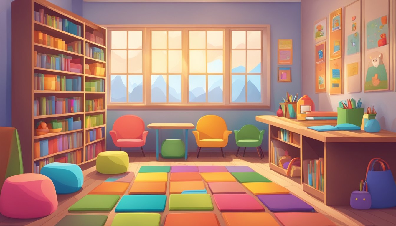 A colorful classroom with small chairs and tables, shelves filled with toys and books, and a cozy reading corner with soft cushions and a rug