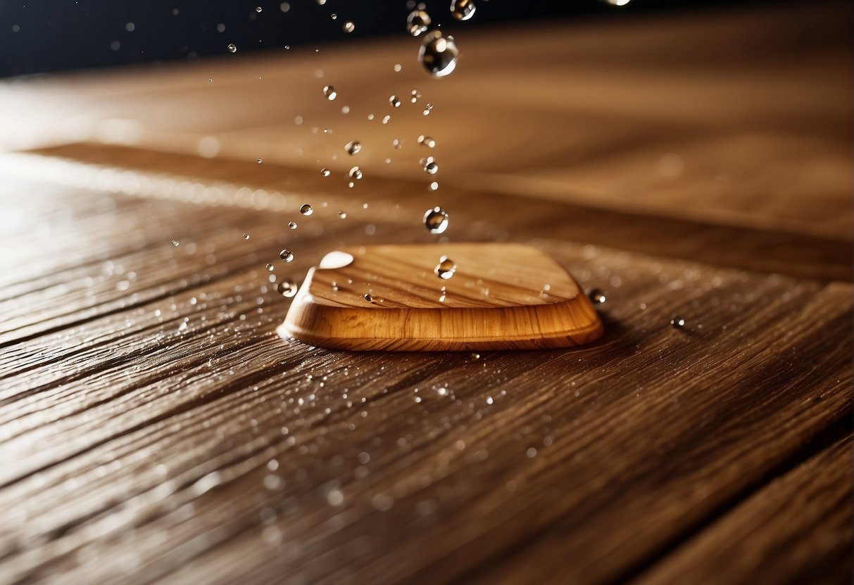 Wood being wet sanded with oil, water droplets glistening on the surface, sandpaper gliding smoothly over the wood, creating a smooth and polished finish