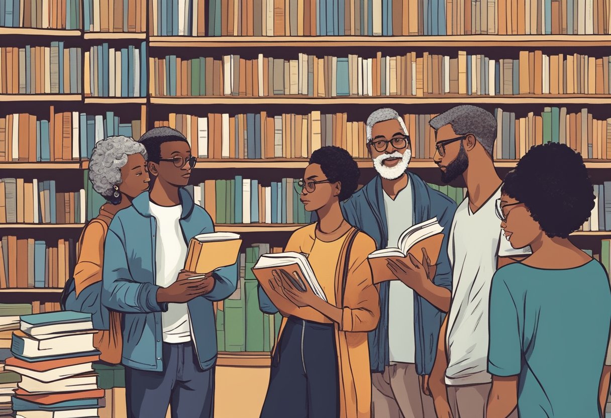 A diverse group of readers, from young adults to seniors, eagerly browsing through shelves of books at a bookstore. Some are engrossed in the pages, while others are discussing their latest literary finds with friends