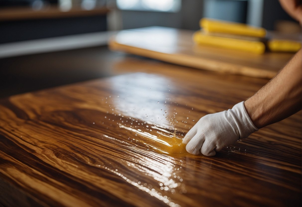 Wood being wet sanded with oil, creating a smooth surface