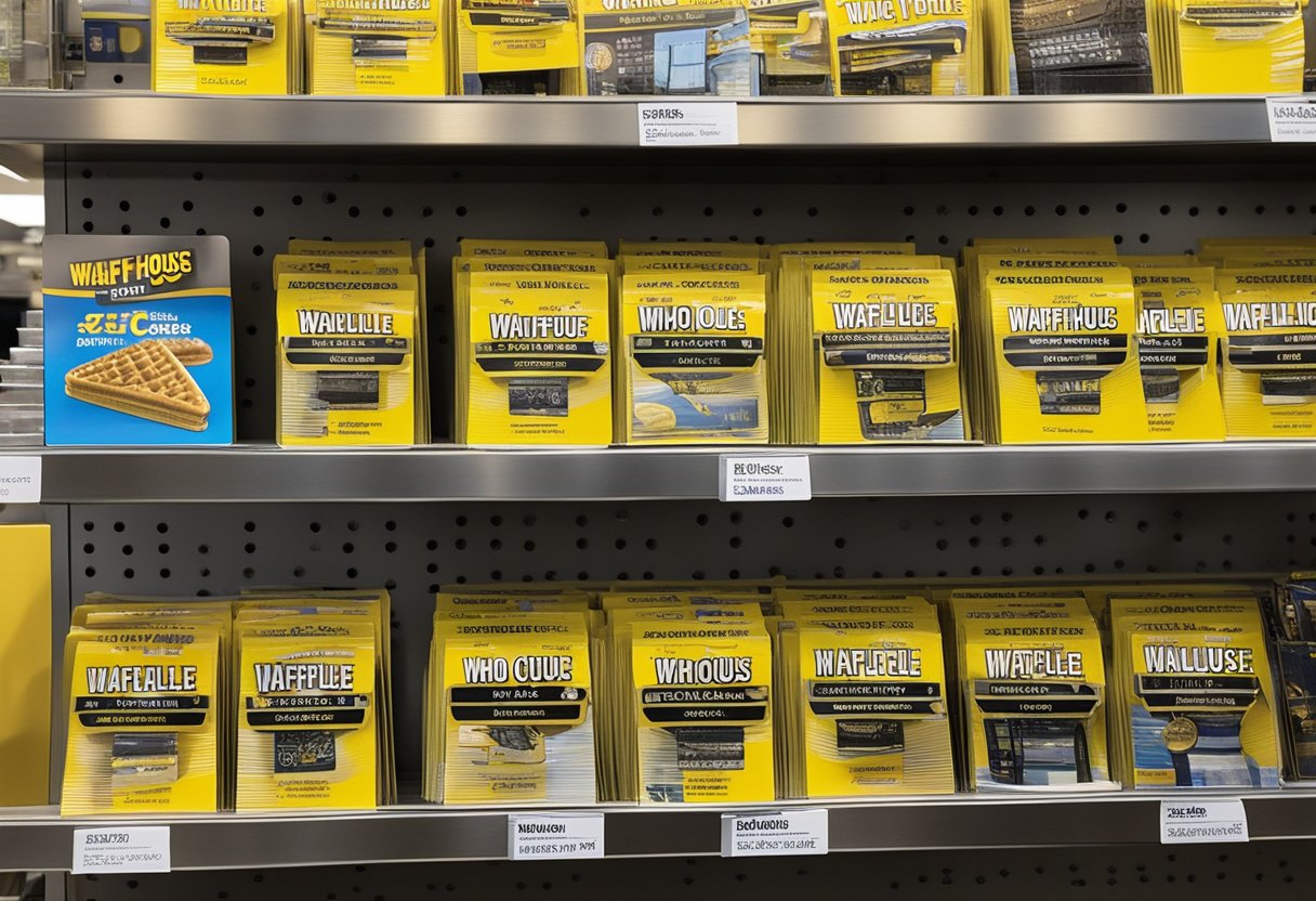 A brightly lit display shelf holds Waffle House gift cards, with a sign above reading "Who Sells Waffle House Gift Cards?" A cashier stands nearby