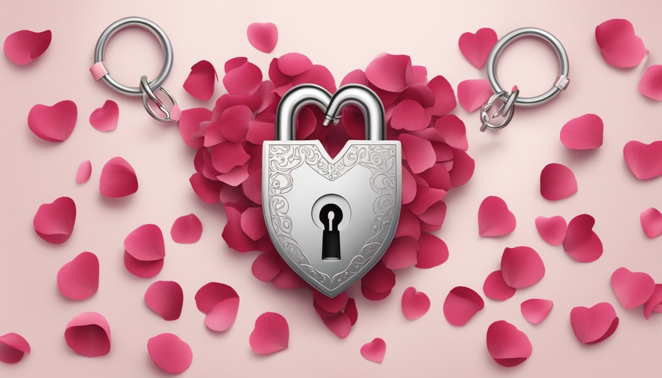 A heart-shaped lock with the numbers 4646 engraved on it, surrounded by rose petals and two intertwined rings