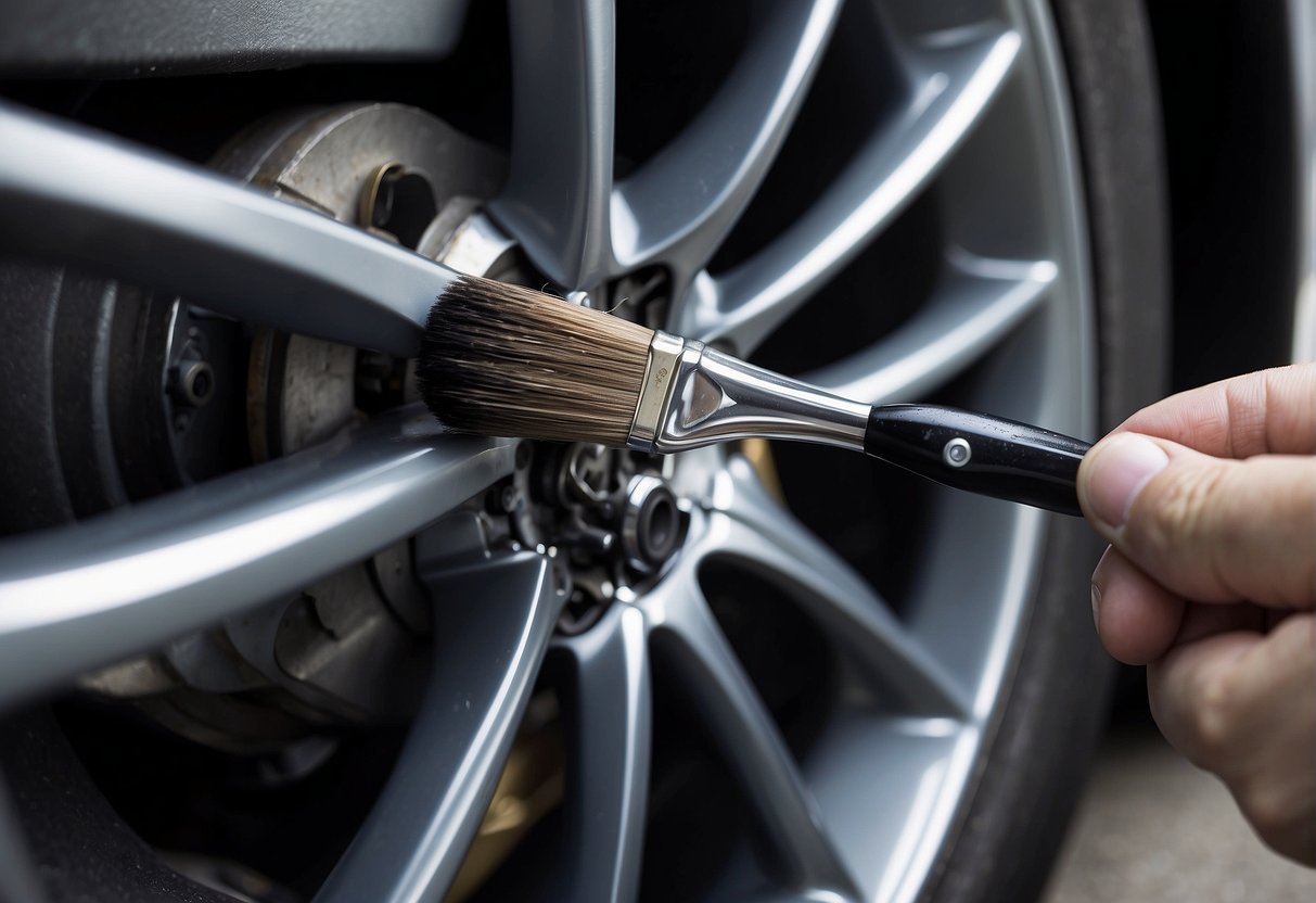 A hand holding a paintbrush applies engine paint to a car caliper
