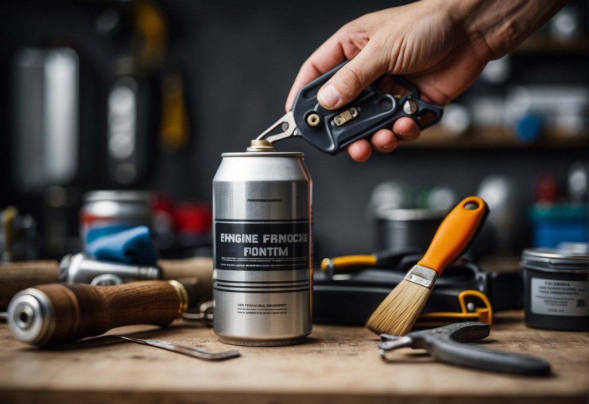 A hand holding a can of engine paint, a caliper, and a paintbrush on a workbench