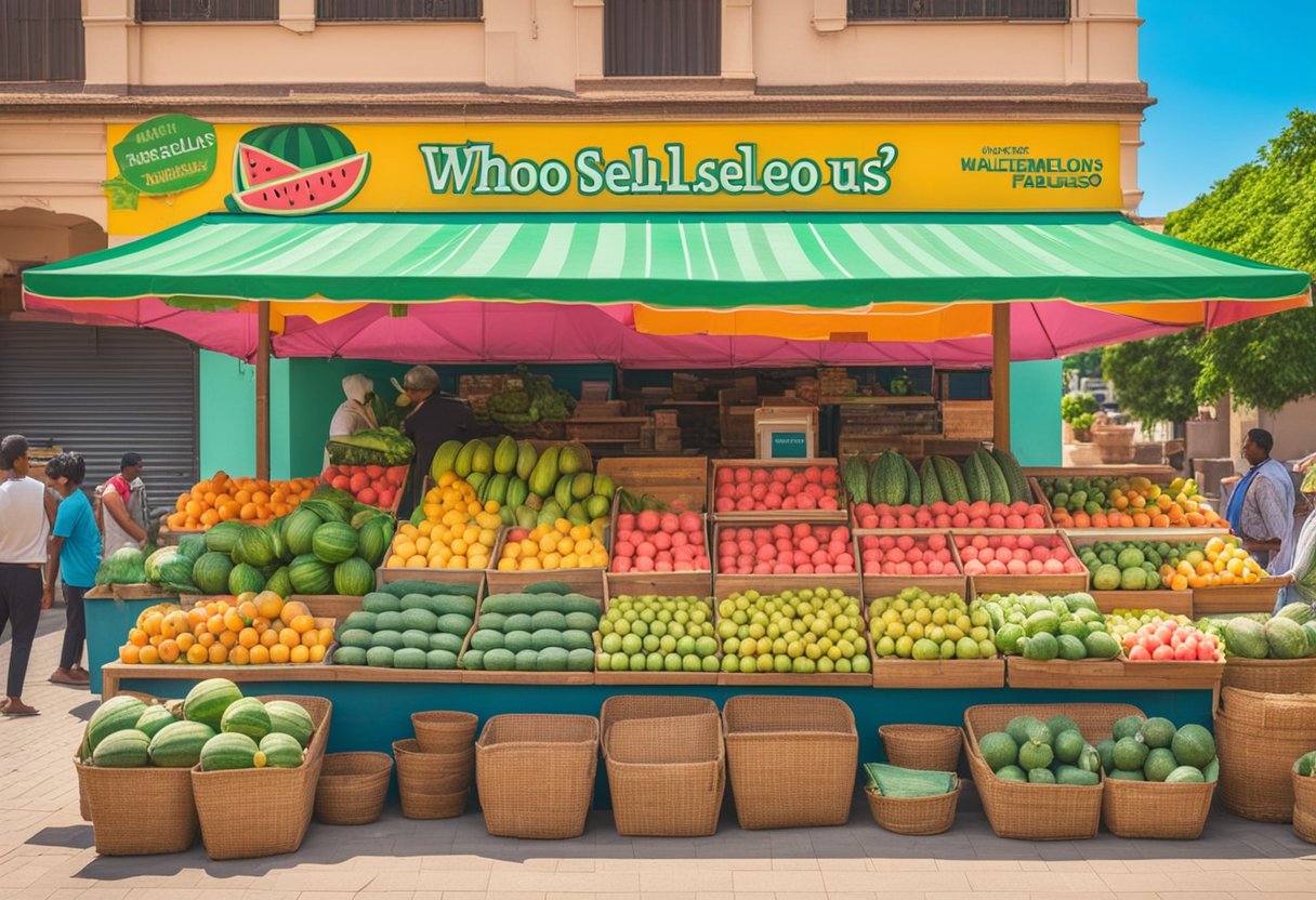 A colorful market stall displays ripe watermelons and a bright sign reads "Who Sells Watermelon Fabuloso?" Customers gather around, eager to purchase the delicious fruit